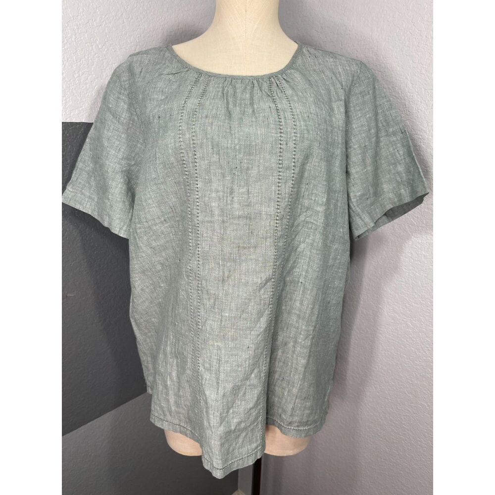 NWT Liz Claiborne Linen Cotton Pintuck Short Sleeve Blouse L Forest Green - Picture 3 of 11